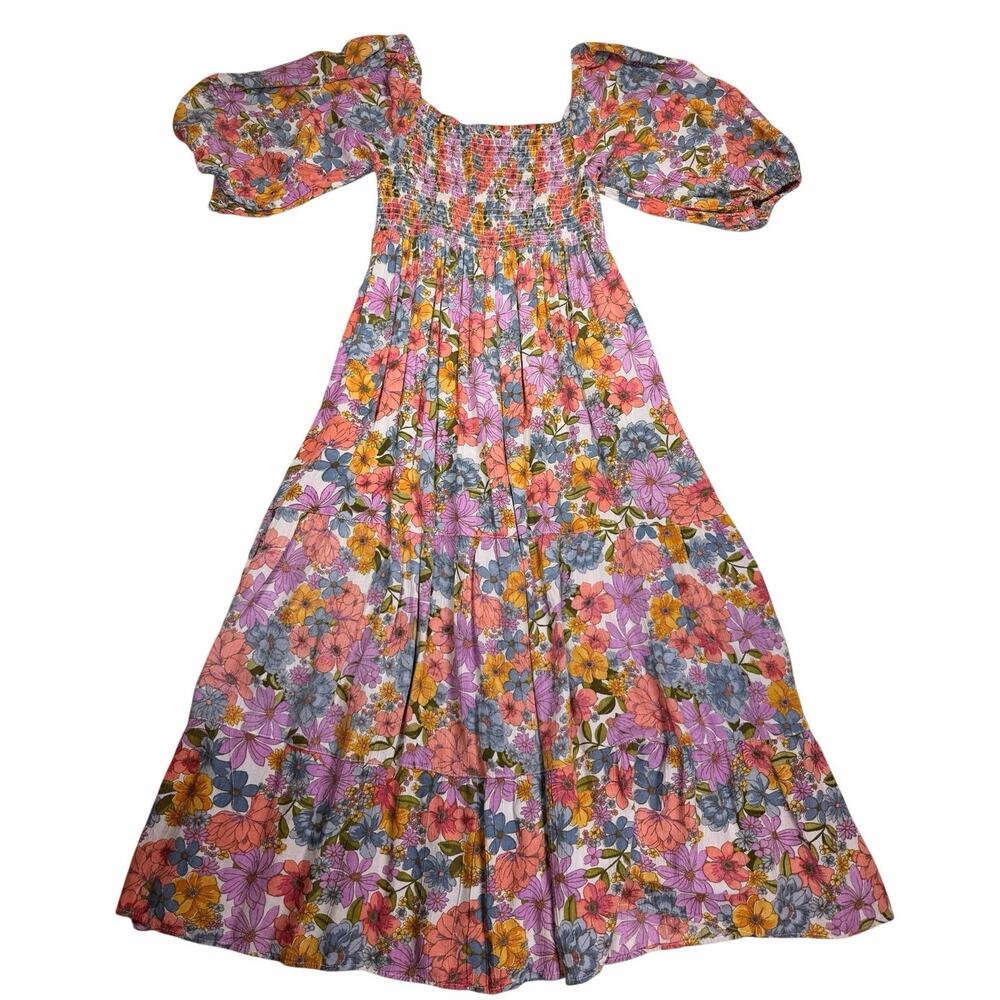 Angie Floral Maxi Dress M Smocked Puff Sleeve Tiered Boho Cottagecore Rayon
